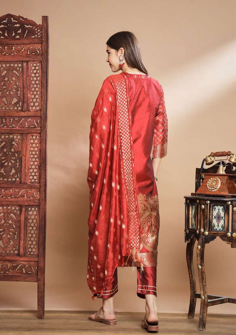 Maroon Printed Silk Blend Kurta Set - Indya