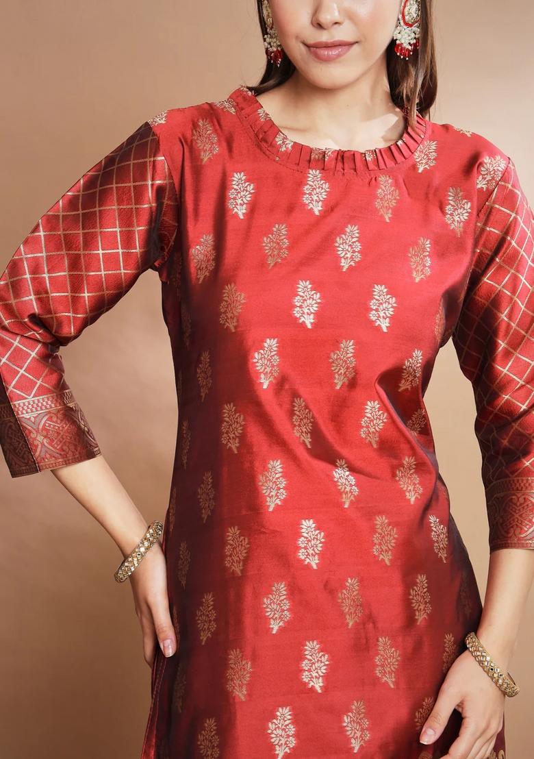 Maroon Printed Silk Blend Kurta Set - Indya