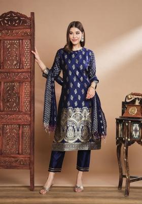 Blue Printed Silk Blend Kurta Set