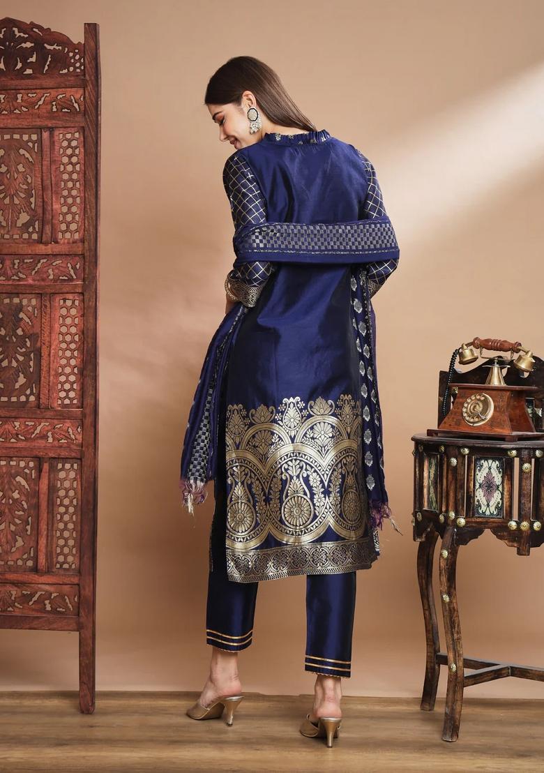 Blue Printed Silk Blend Kurta Set - Indya