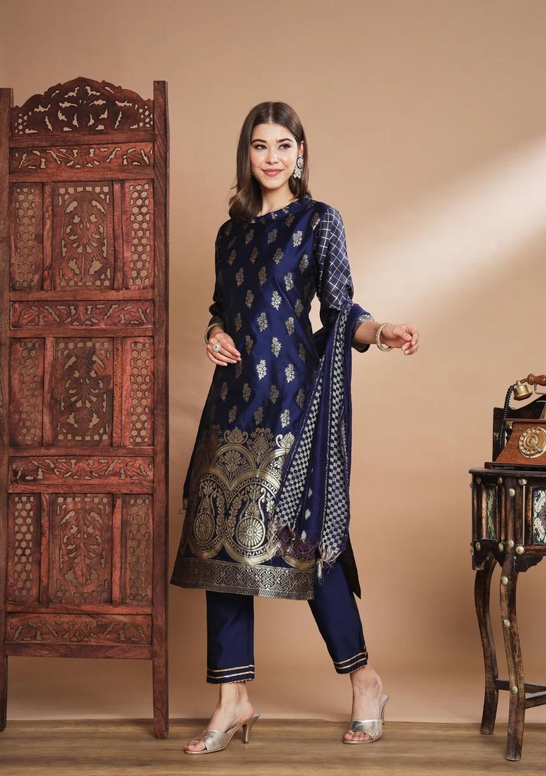 Blue Printed Silk Blend Kurta Set - Indya