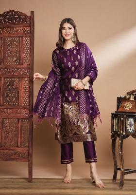 Purple Printed Silk Blend Kurta Set