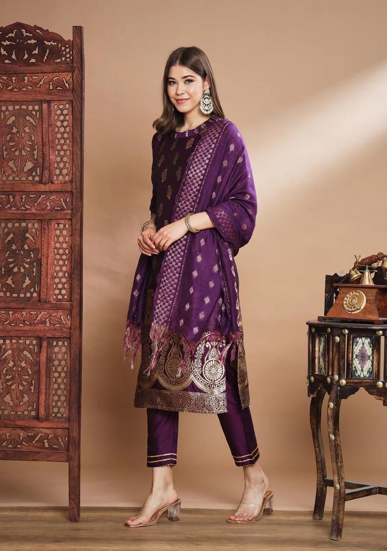 Purple Printed Silk Blend Kurta Set - Indya