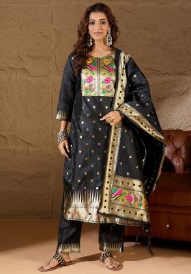 Black Embroidered Silk Blend Kurta Set