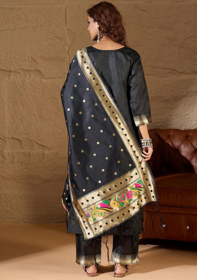 Black Embroidered Silk Blend Kurta Set - Indya
