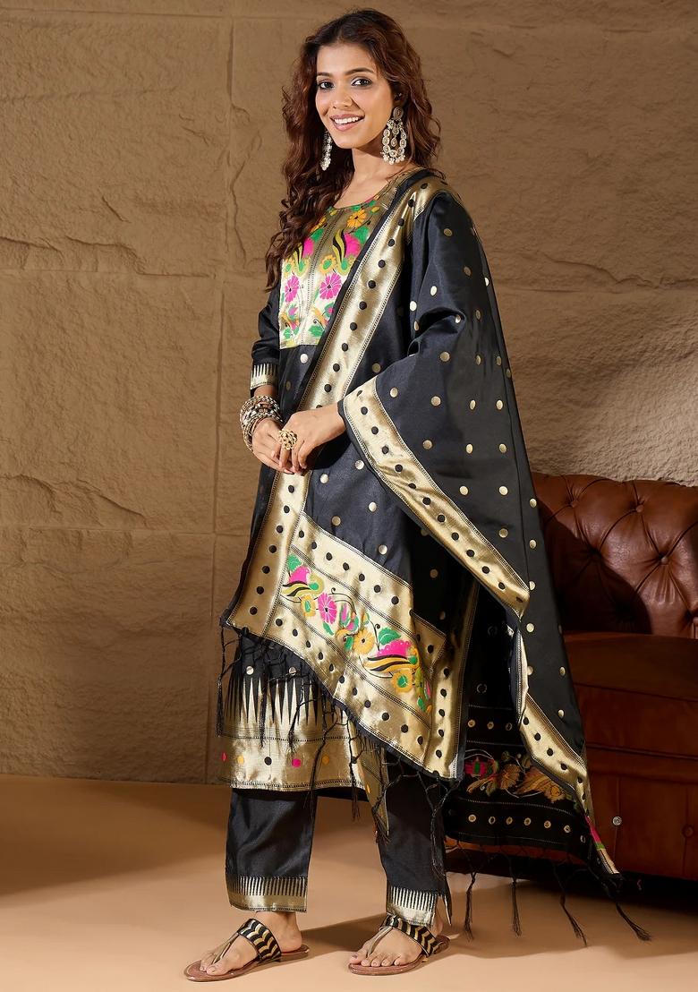 Black Embroidered Silk Blend Kurta Set - Indya