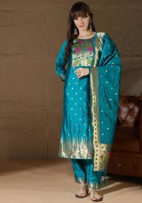 Blue Embroidered Silk Blend Kurta Set