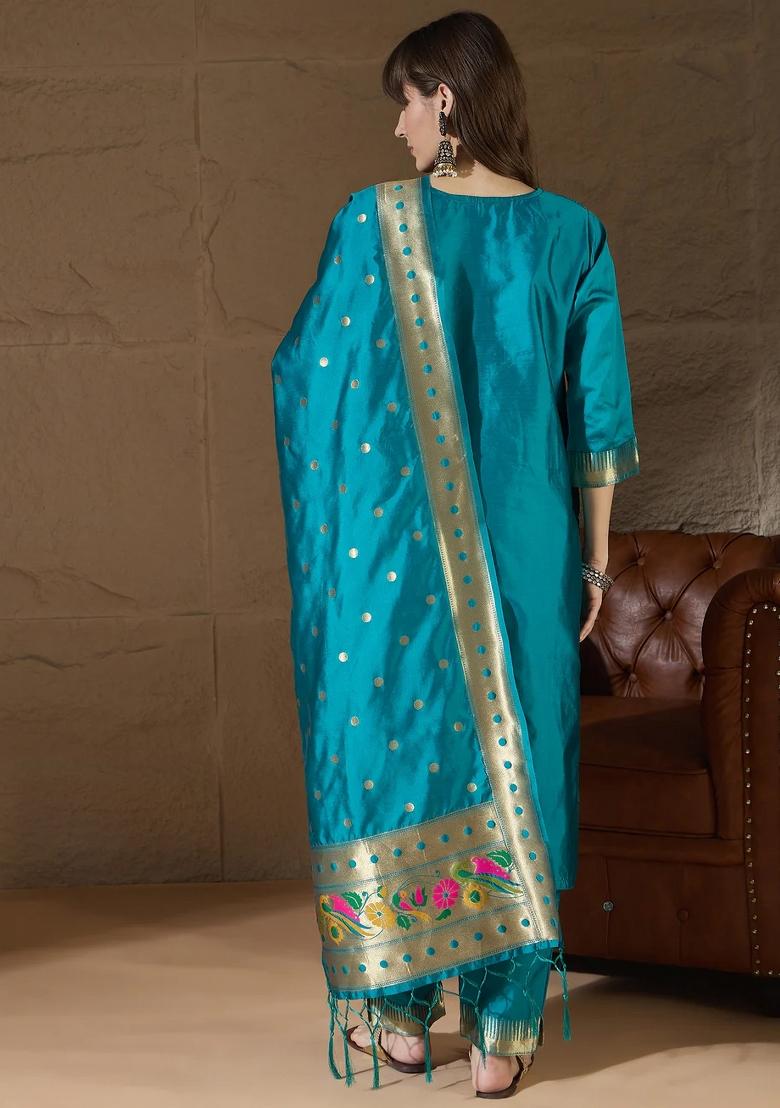 Blue Embroidered Silk Blend Kurta Set - Indya