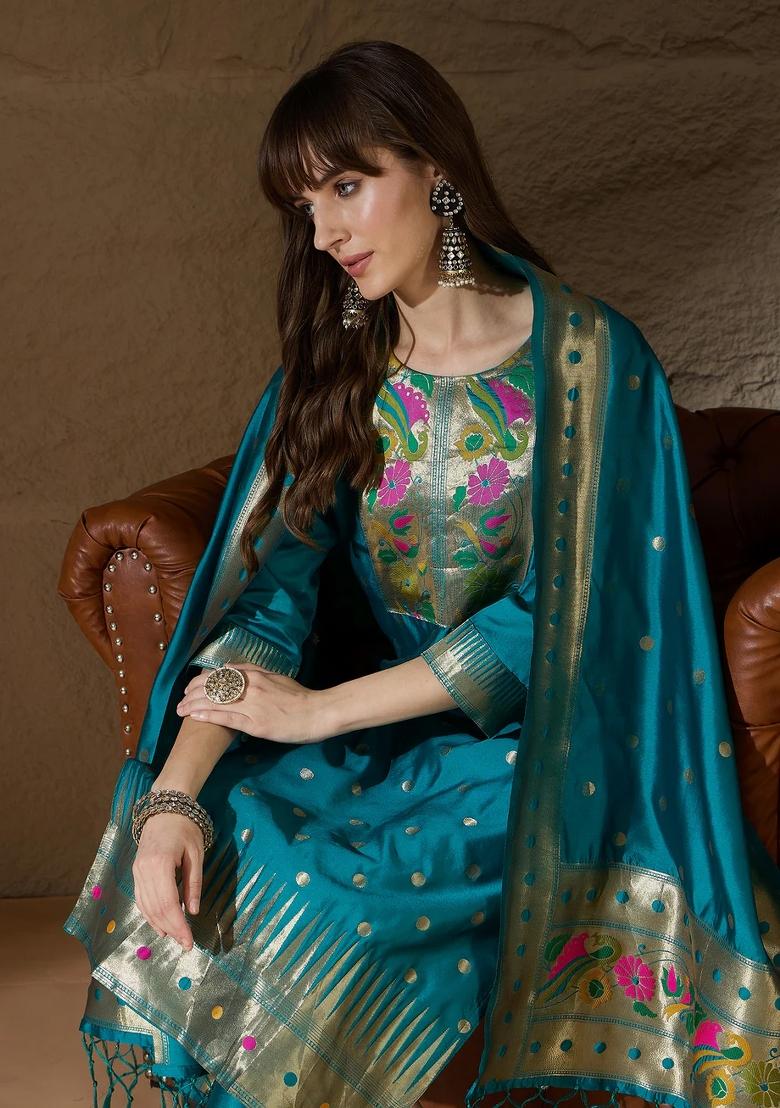 Blue Embroidered Silk Blend Kurta Set - Indya