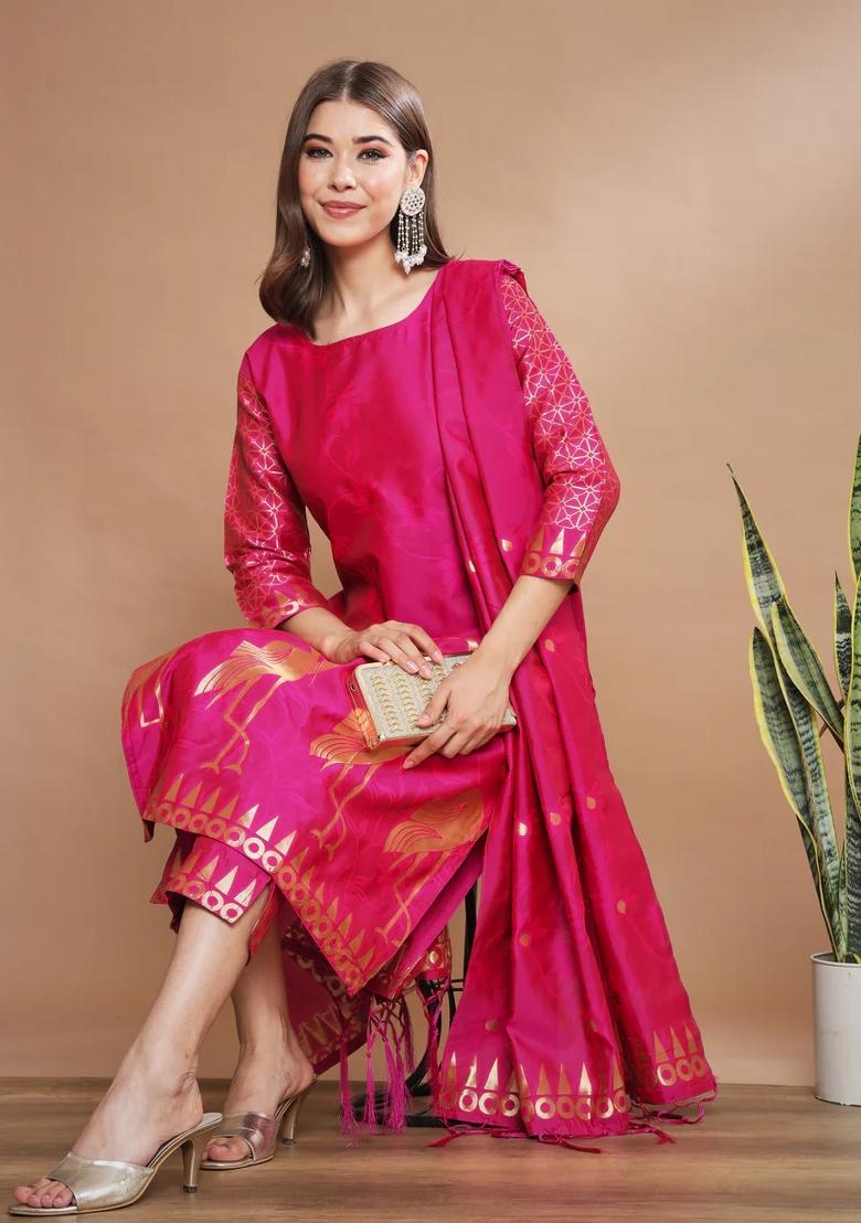 Pink Printed Silk Blend Kurta Set - Indya