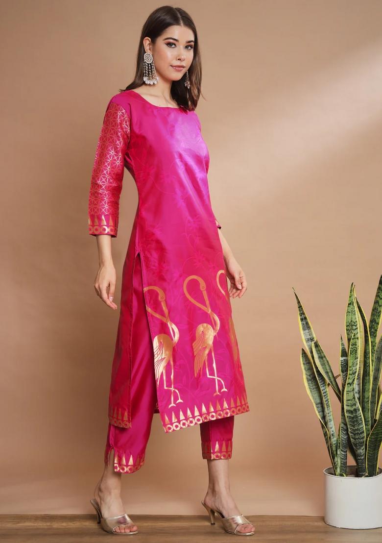 Pink Printed Silk Blend Kurta Set - Indya