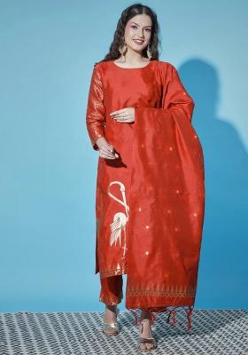 Red Printed Silk Blend Kurta Set