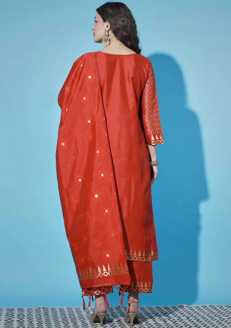 Red Printed Silk Blend Kurta Set - Indya
