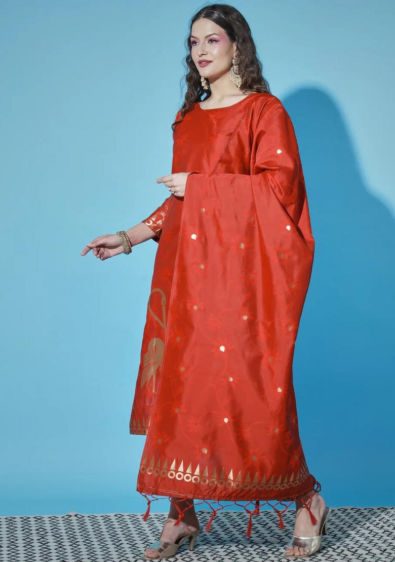 Red Printed Silk Blend Kurta Set - Indya