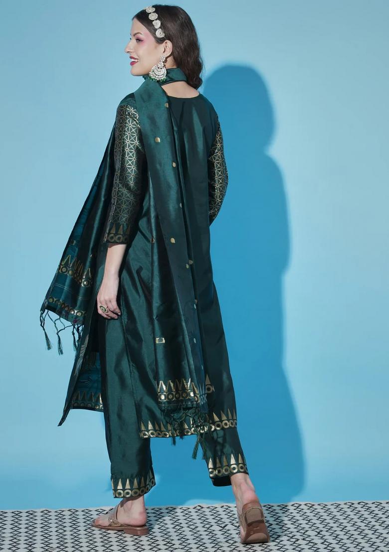 Green Printed Silk Blend Kurta Set - Indya