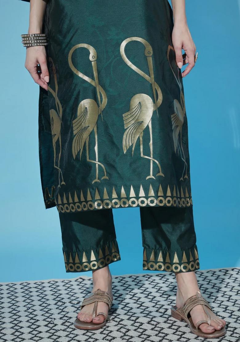 Green Printed Silk Blend Kurta Set - Indya