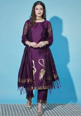 Purple Printed Silk Blend Kurta Set