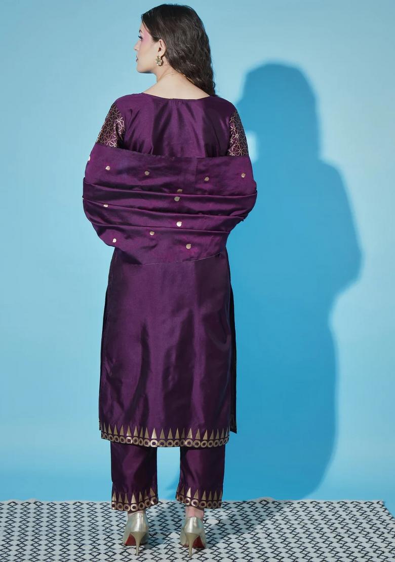 Purple Printed Silk Blend Kurta Set - Indya