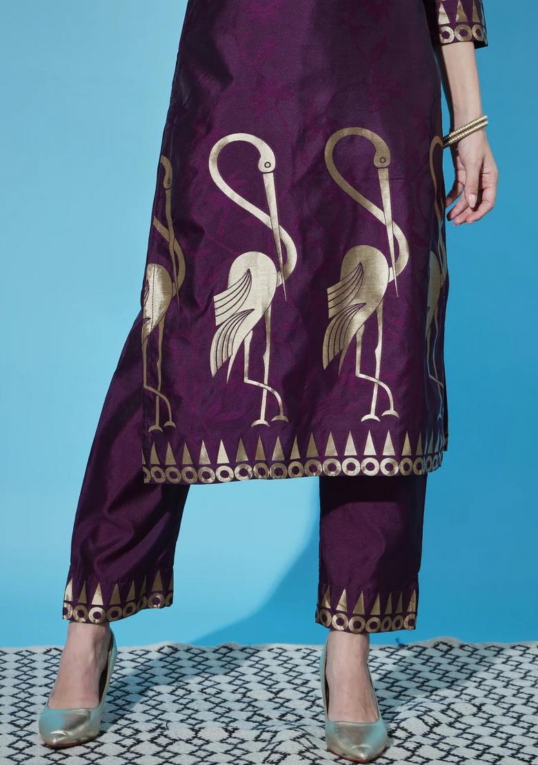 Purple Printed Silk Blend Kurta Set - Indya