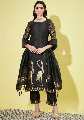 Black Printed Silk Blend Kurta Set