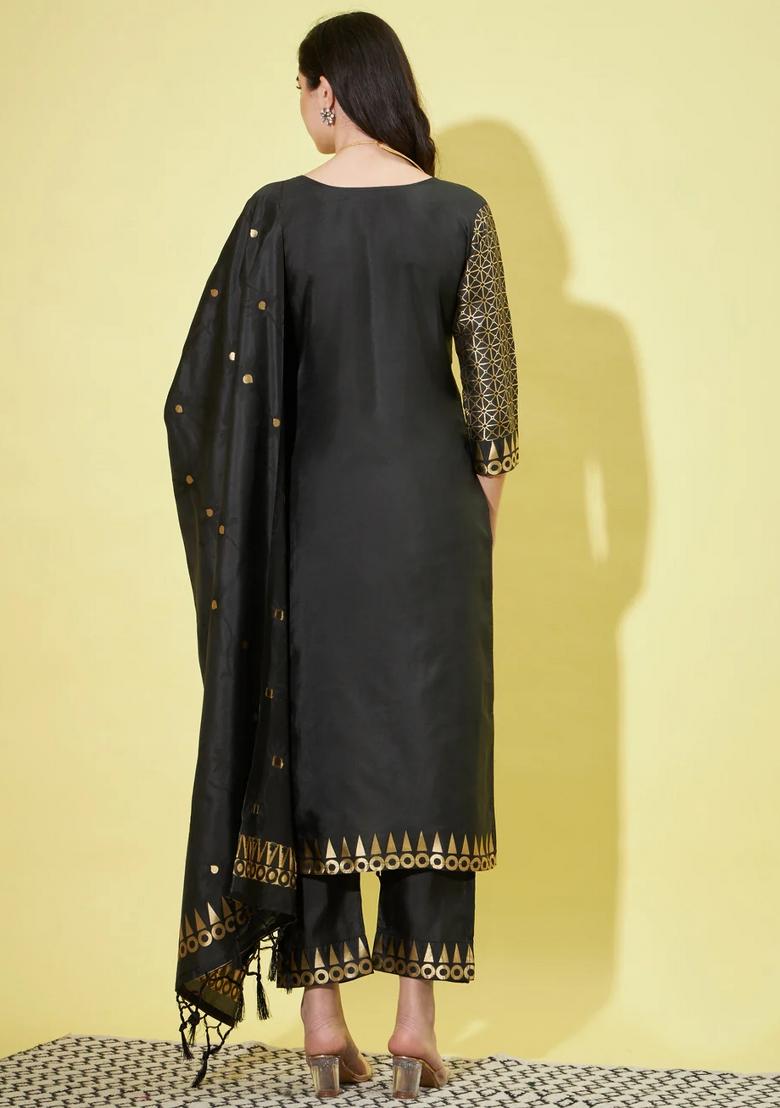 Black Printed Silk Blend Kurta Set - Indya
