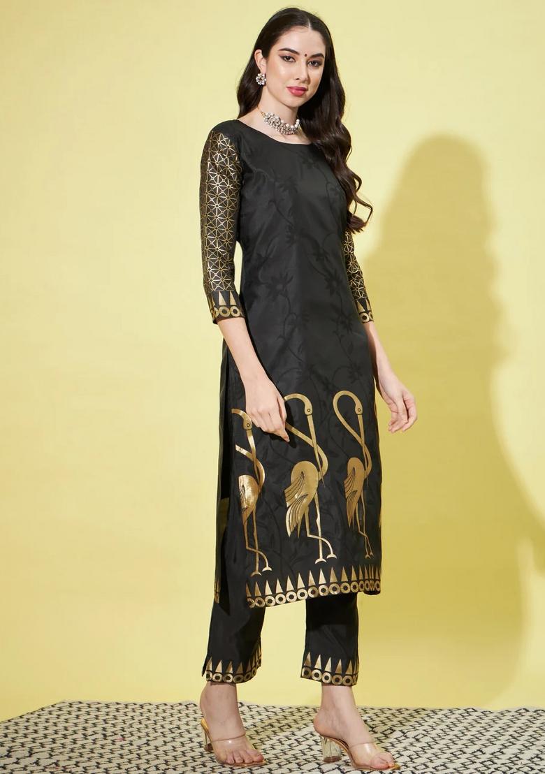 Black Printed Silk Blend Kurta Set - Indya