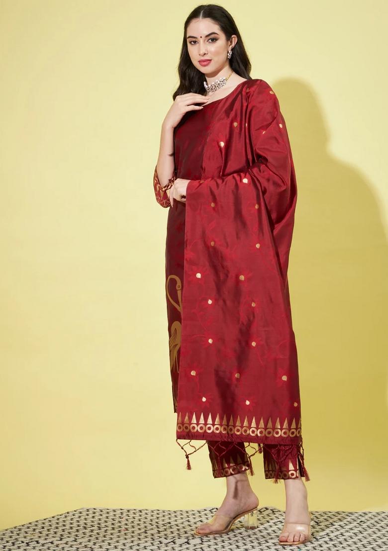 Maroon Printed Silk Blend Kurta Set - Indya