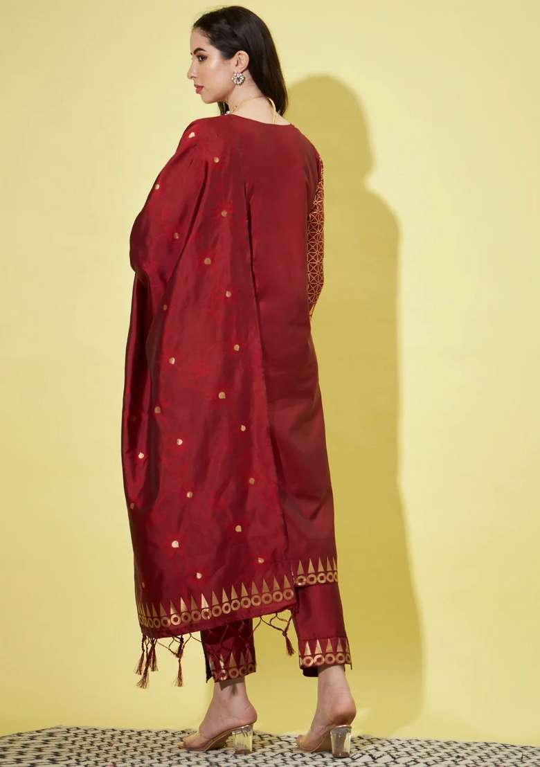 Maroon Printed Silk Blend Kurta Set - Indya