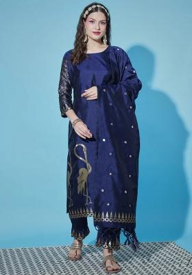Blue Printed Silk Blend Kurta Set