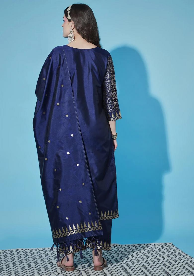 Blue Printed Silk Blend Kurta Set - Indya