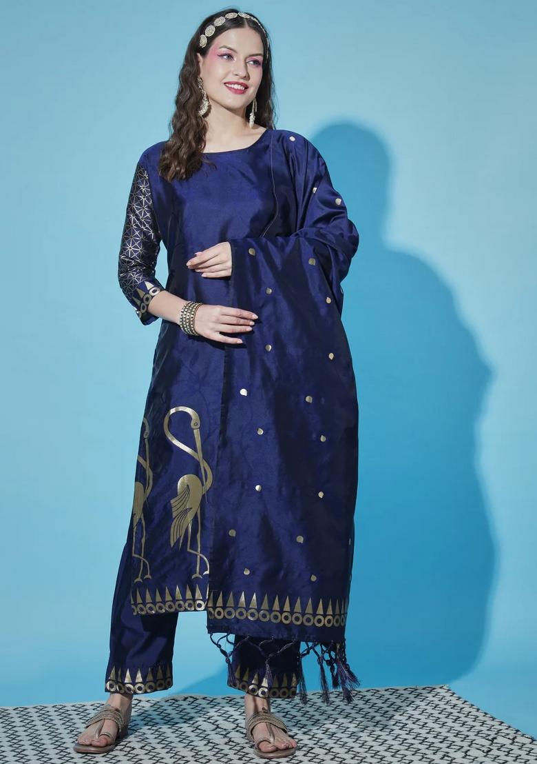 Blue Printed Silk Blend Kurta Set - Indya