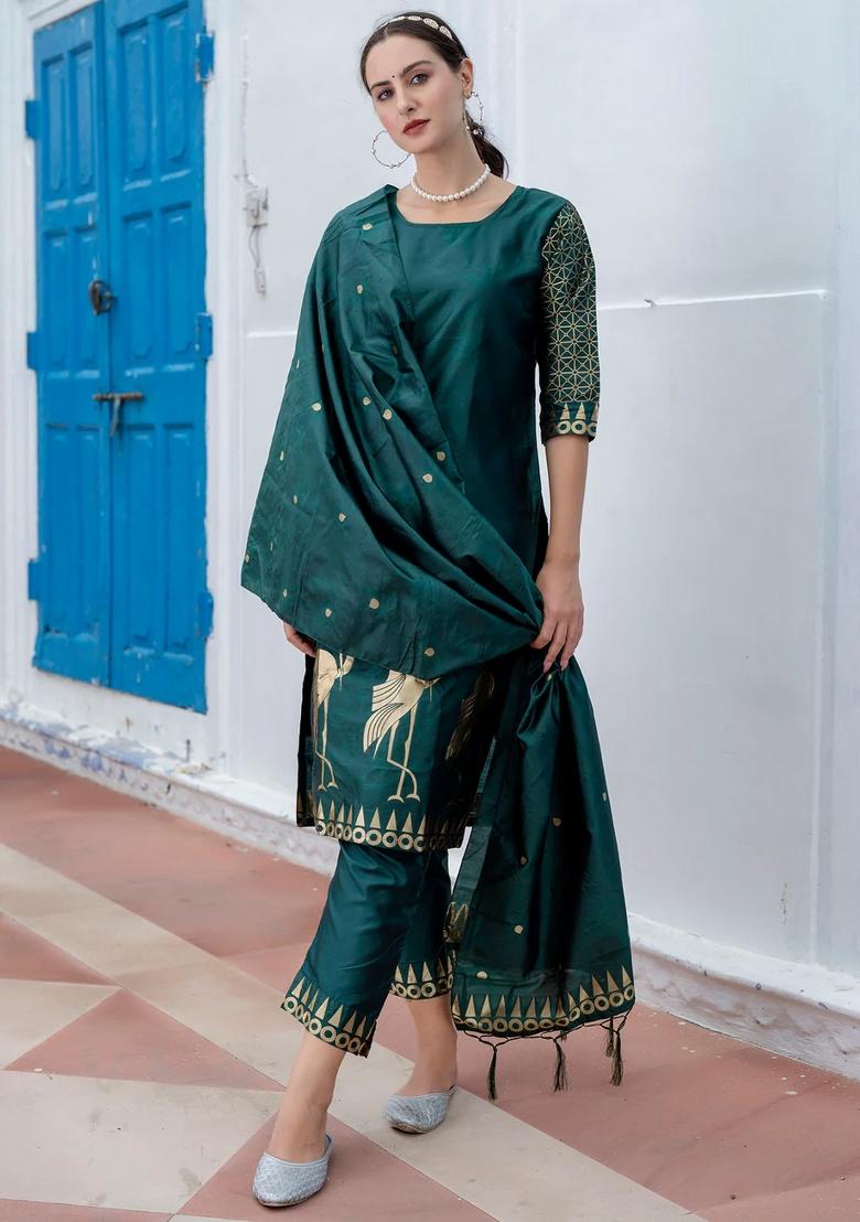 Green Printed Silk Blend Kurta Set - Indya