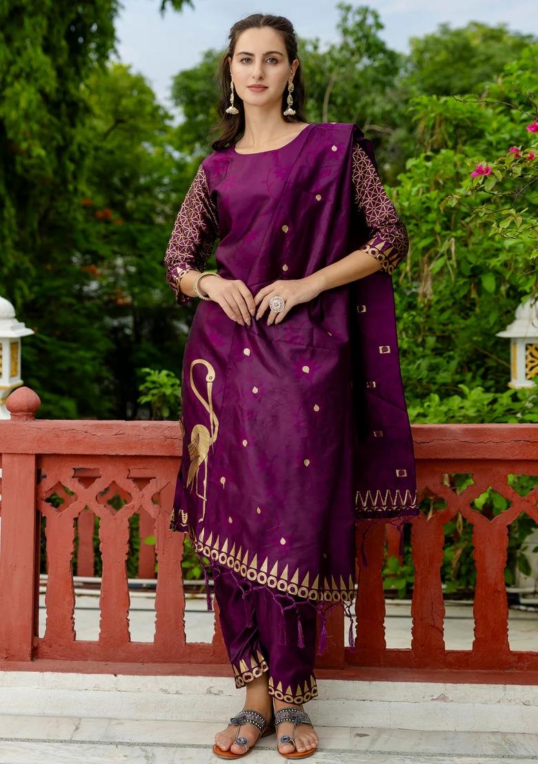 Purple Printed Silk Blend Kurta Set - Indya