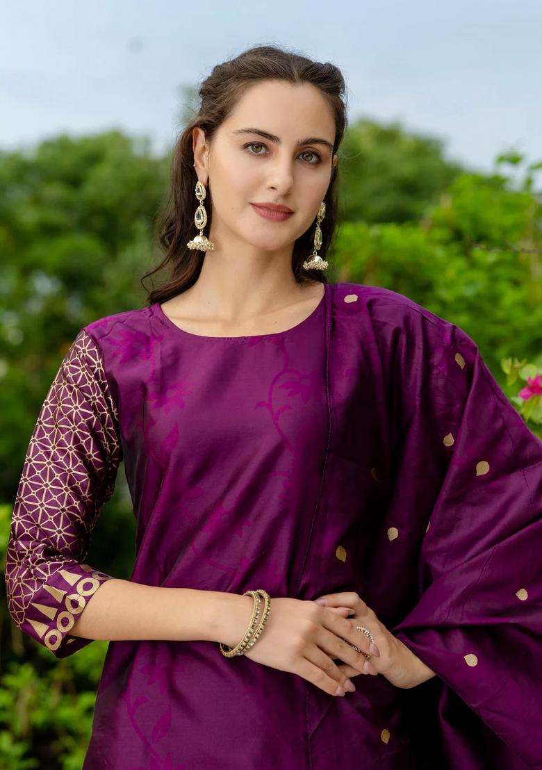 Purple Printed Silk Blend Kurta Set - Indya