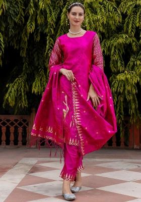 Pink Printed Silk Blend Kurta Set