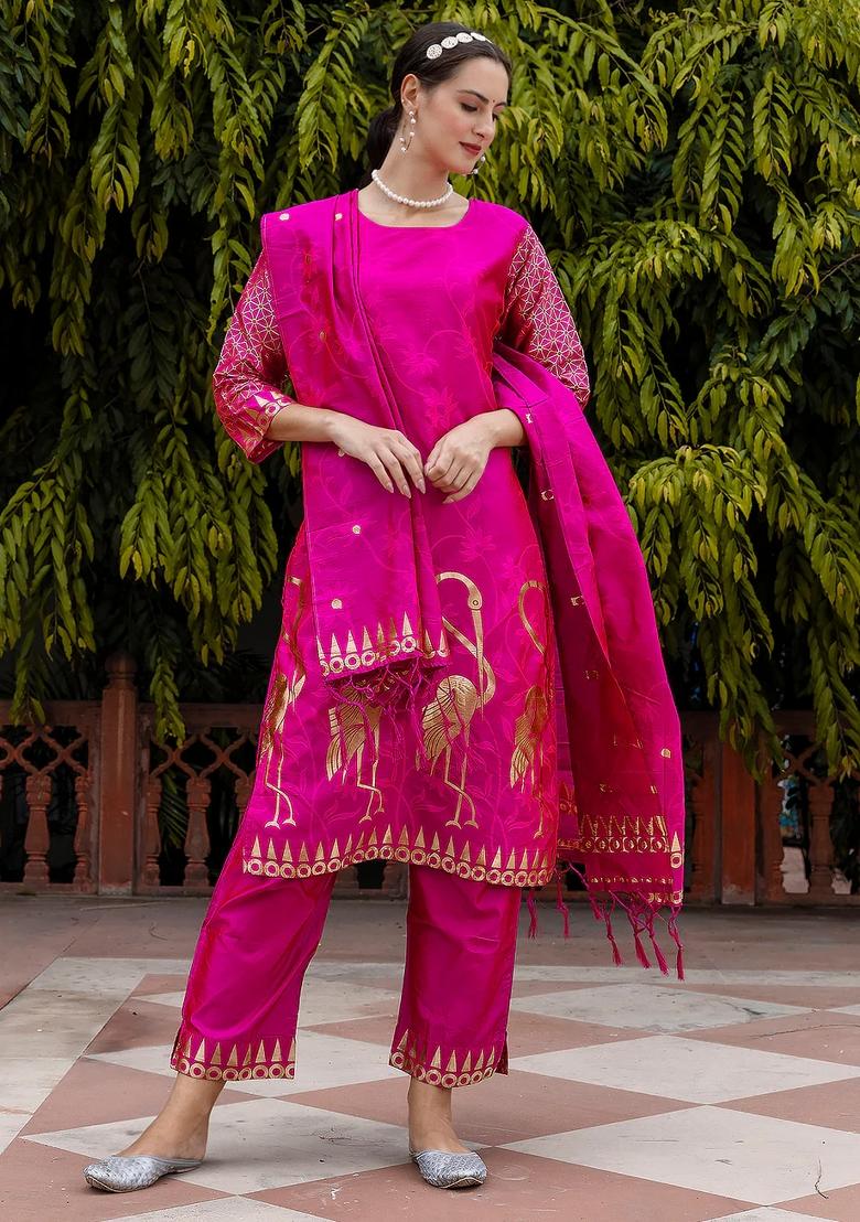 Pink Printed Silk Blend Kurta Set - Indya