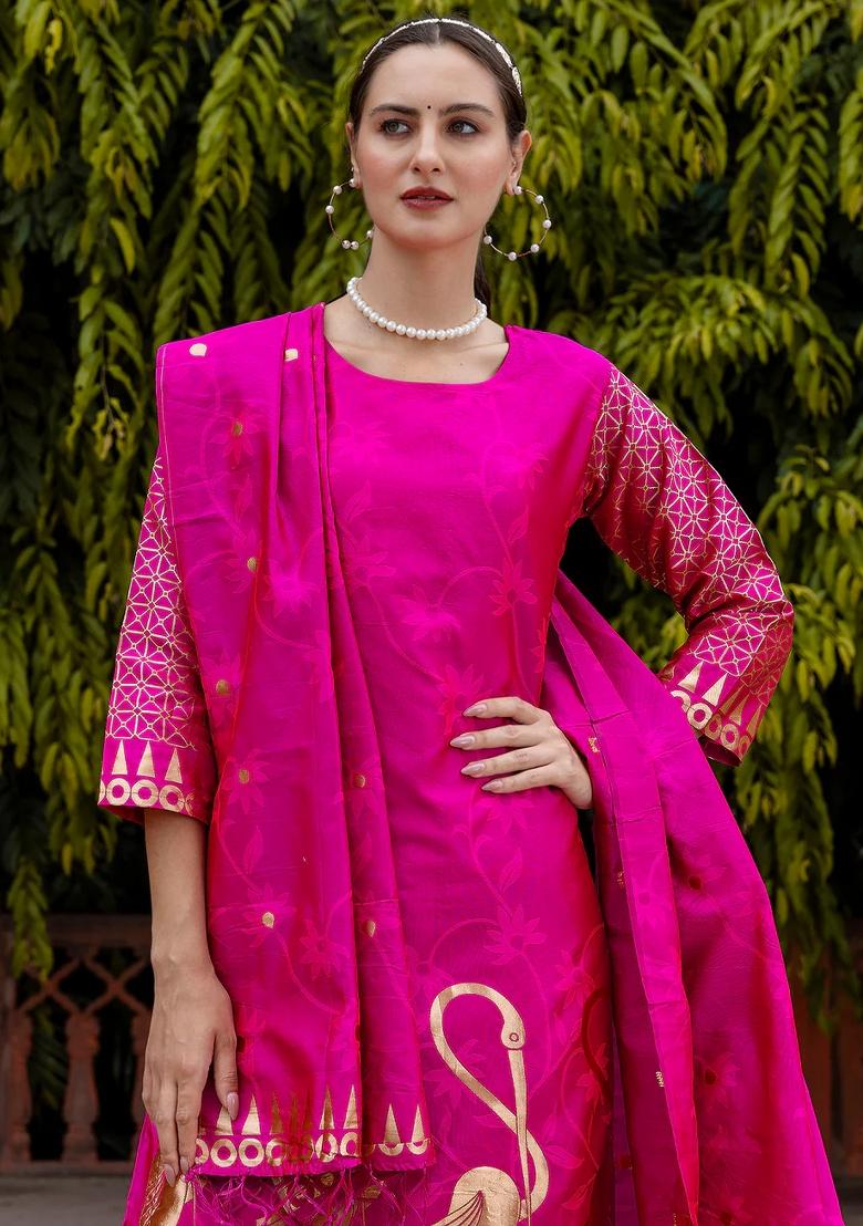 Pink Printed Silk Blend Kurta Set - Indya
