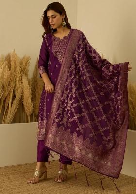 Purple Printed Silk Blend Kurta Set