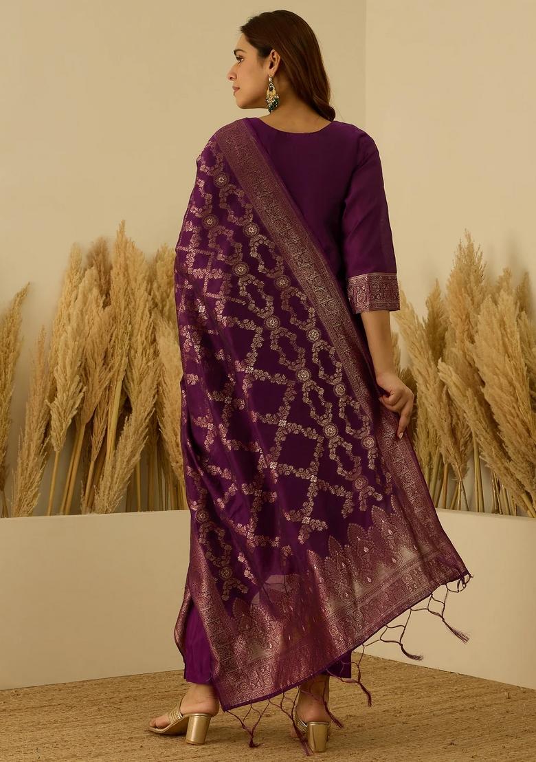 Purple Printed Silk Blend Kurta Set - Indya
