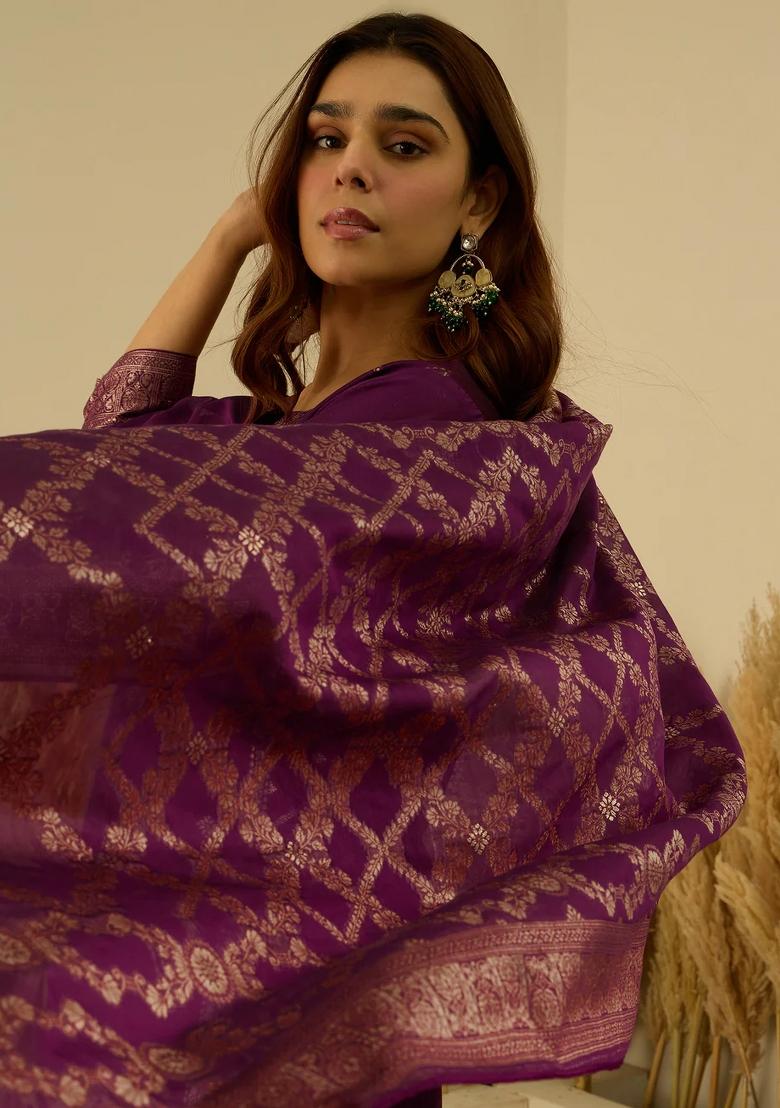Purple Printed Silk Blend Kurta Set - Indya