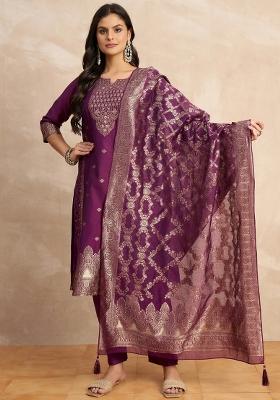 Purple Printed Silk Blend Kurta Set