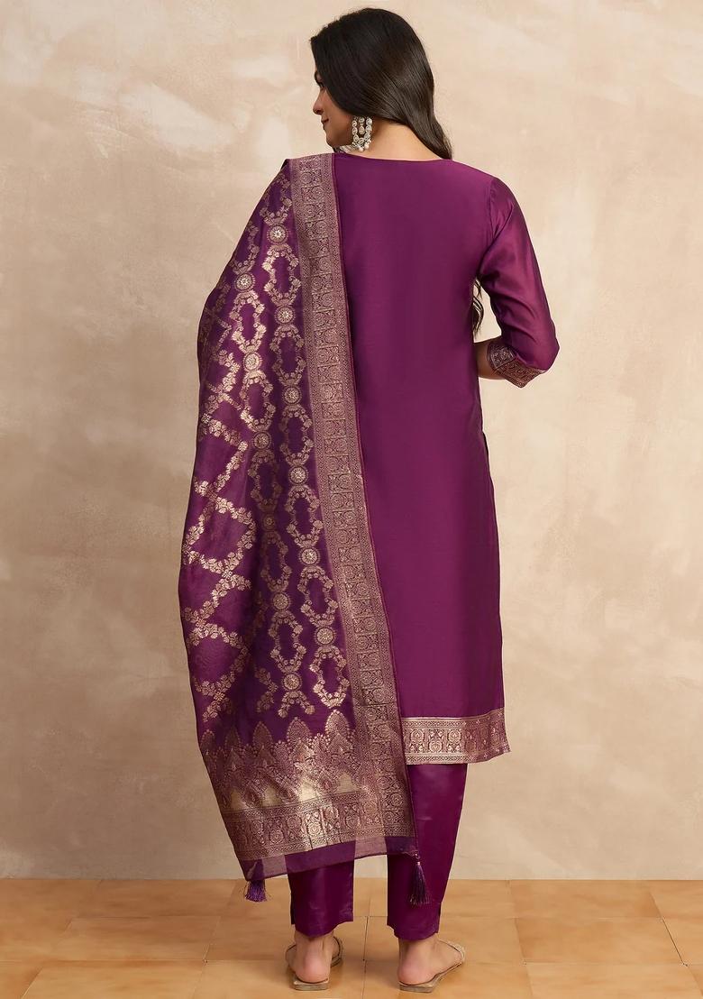 Purple Printed Silk Blend Kurta Set - Indya