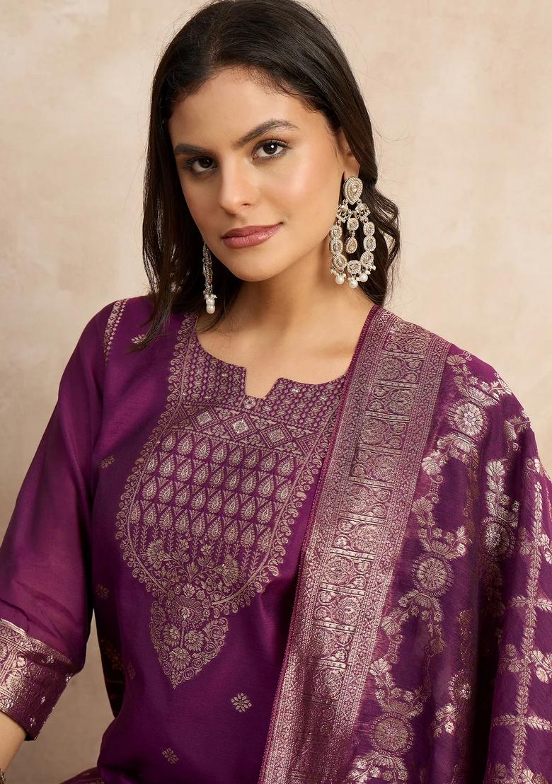 Purple Printed Silk Blend Kurta Set - Indya