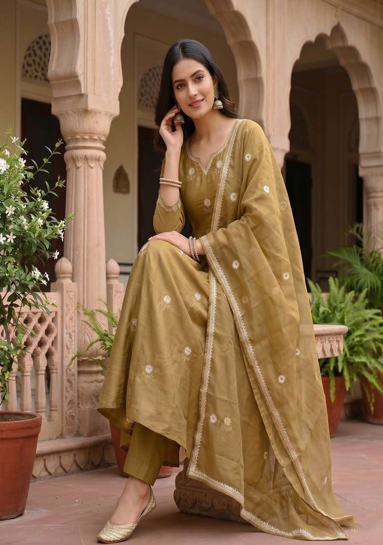 Golden Embroidered Shimmer Kurta Set - Indya