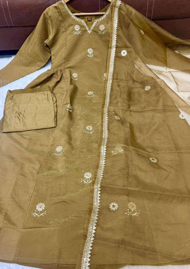 Golden Embroidered Shimmer Kurta Set - Indya