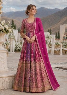 Rani Pink Embroidered Georgette Anarkali With Dupatta