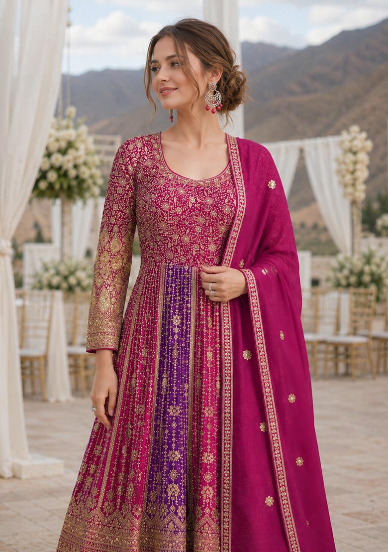 Rani Pink Embroidered Georgette Anarkali With Dupatta - Indya