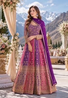 Purple Embroidered Georgette Anarkali With Dupatta