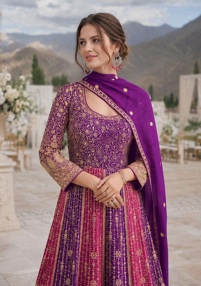 Purple Embroidered Georgette Anarkali With Dupatta - Indya
