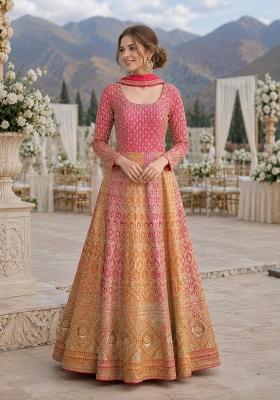 Peach Embroidered Georgette Anarkali With Dupatta